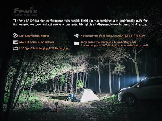 Fenix Lumină de lucru și de sit, cu baterie Lanterne cu led Lanternă LED IP68 cu Luminozitate Maximă 12000lm LR40R 4x18650 Negru