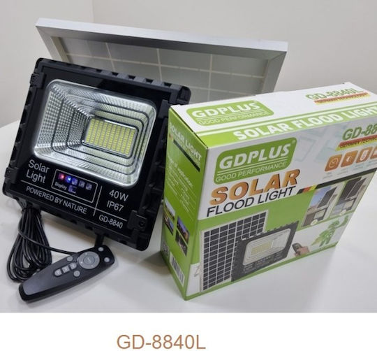 GDPLUS Στεγανός Ηλιακός Προβολέας LED 40W Ψυχρό Λευκό 6000K με Τηλεχειριστήριο IP67
