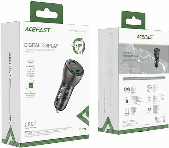 Acefast B6 Car Charger 63W 3A Fast Charging with Ports 1xUSB-A 1xType-C with Type-C Cable Black Colour