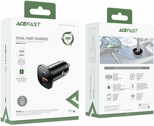 Acefast B1 Încărcător Auto Cu Mufă De Brichetă 38W Încărcare Rapidă Cu Porturi 1xUSB 1xType-C Culoare Neagră
