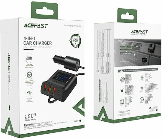 Acefast B8 Încărcător Auto 90W 3A De Încărcare Rapidă Cu Porturi 3xUSB-A 1xType-C Cu Cablu Integrat Culoare Neagră