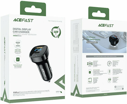 Acefast B4 Car Charger 66W Fast Charging with Ports 1xUSB 1xType-C Black Colour