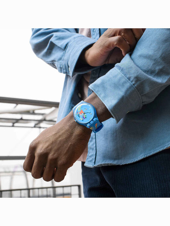 Swatch Blue Sky By Vassily Kandinsky Ρολόι Μπαταρίας με Καουτσούκ Λουράκι