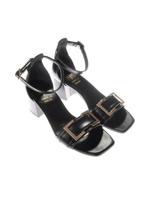 Mariella Fabiani Leather Women's Sandals with Ankle Strap Black with Chunky Medium Heel