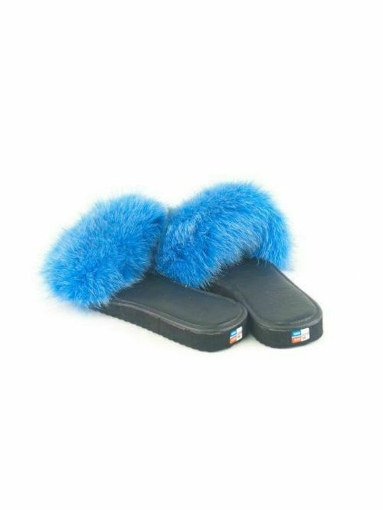 Dalis Leather-Women's Leather Slippers from Kastoria with Fox Fur-Blue