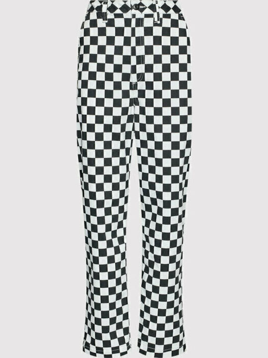 Women's High-waisted Fabric Trousers Relaxed Fit Black/White