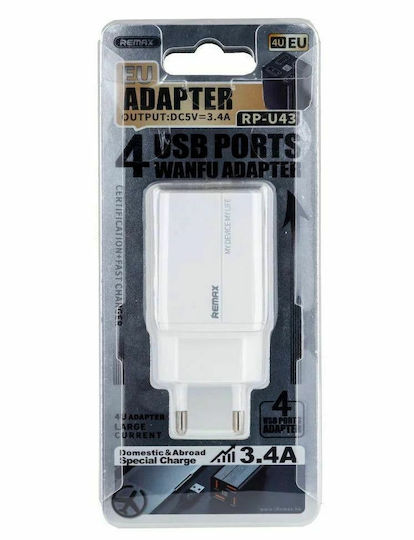 Remax Φορτιστής Χωρίς Καλώδιο με 4 Θύρες USB-A Λευκός (RP-U43)