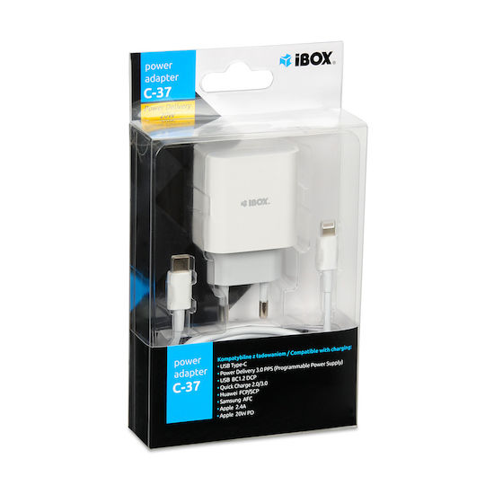 iBox Ladegerät ohne Kabel mit USB-C Anschluss 20W Stromlieferung Weißs (C-37)