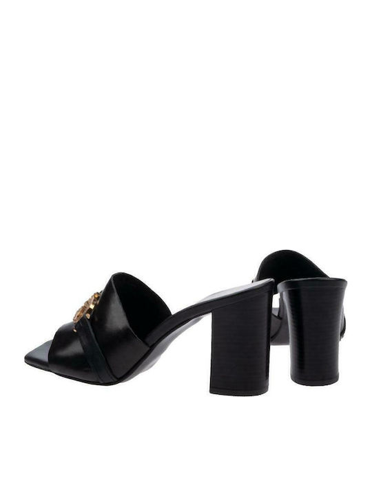Leather Mules with Chunky High Heel in Black Color