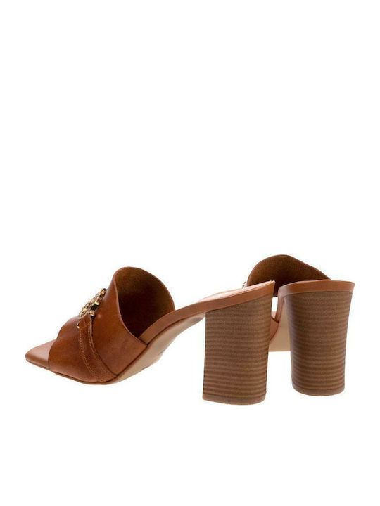 Leather Mules with Chunky High Heel in Tabac Brown Color