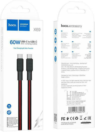 Hoco X69 Jaeger Braided USB 2.0 Cable USB-C male - USB-C 60W Black 1m (HC-X69BKW)