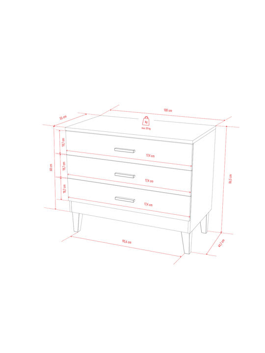 Kinderkommode Lounge Weiß / Braun mit 3 Schubladen 100x55x86.5cm