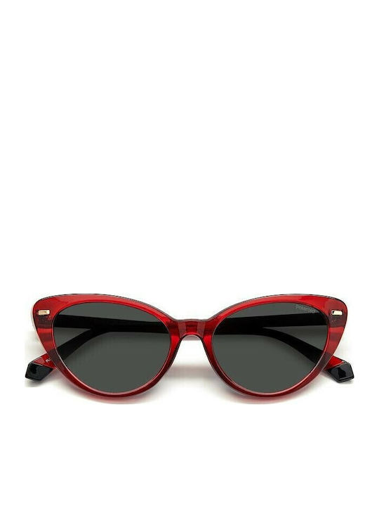 Polaroid Women’s Sunglasses with Red Horn-Rimmed Frame and Grey Polarized Lens PLD4109S C9A/M9