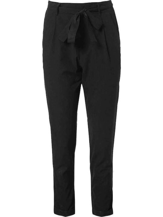 Women's High-waisted Fabric Capri Trousers with Elastic Regular Fit Black