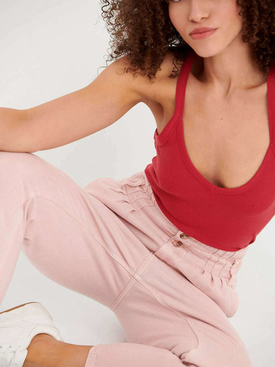Ψηλόμεσο Γυναικείο Jean Παντελόνι σε Baggy Γραμμή Soft Pink