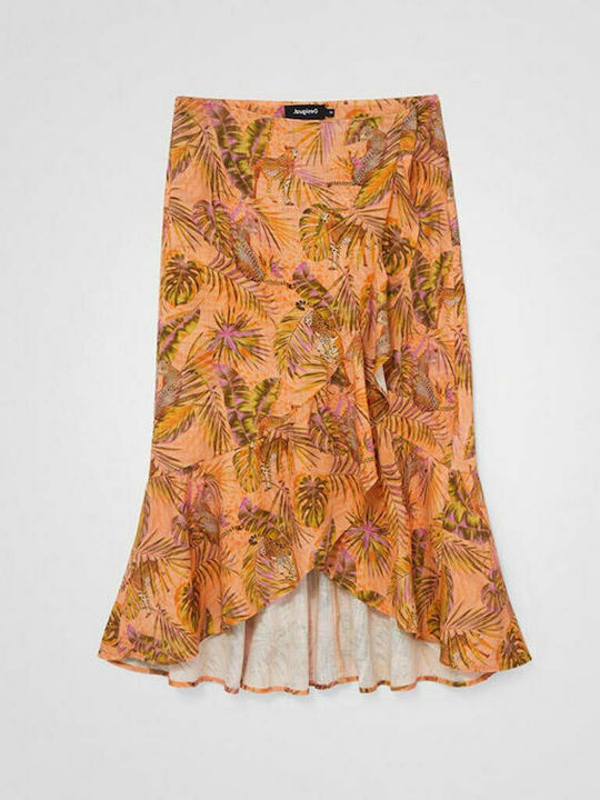 Linen High-waisted Midi Skirt Envelope Floral Orange