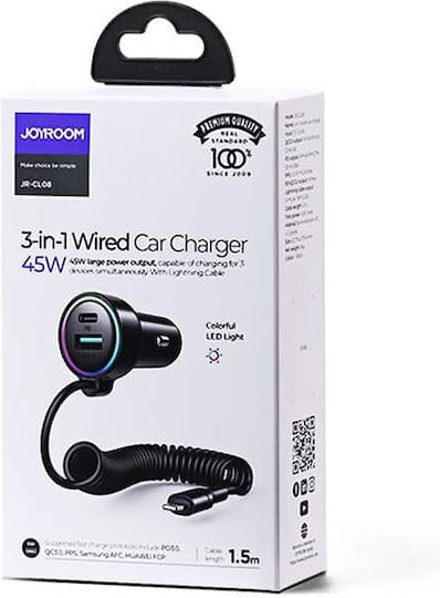Joyroom Φορτιστής Αυτοκινήτου 45W με Θύρες: 1xUSB 1xType-C μαζί με Καλώδιο Lightning Μαύρος
