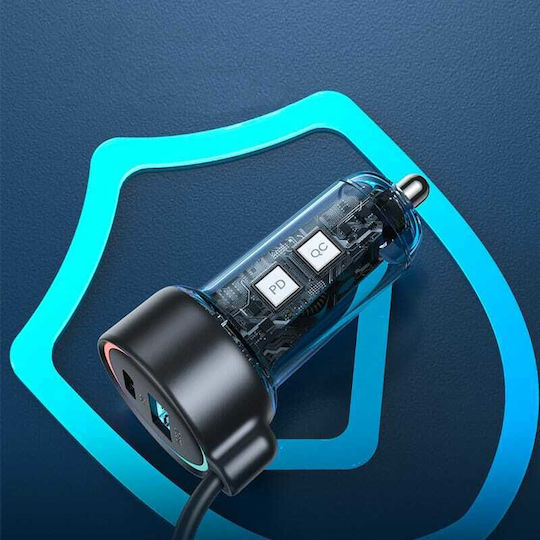Joyroom Car Charger 55W with Ports 1xUSB 1xType-C with Type-C Cable Black Colour