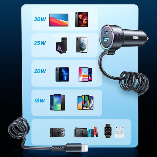 Joyroom Car Charger 55W with Ports 1xUSB 1xType-C with Type-C Cable Black Colour