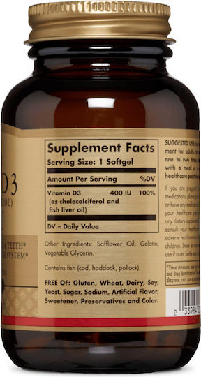 Solgar Vitamin D3 (Cholecalciferol) Vitamin für Stärkung des Immunsystems & die Knochengesundheit 400iu 100 Softgels