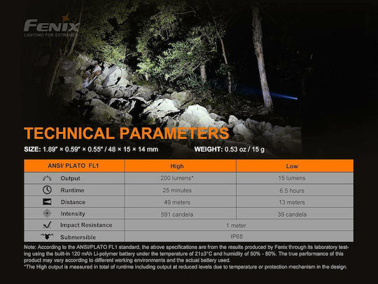 Fenix LED Impermeabil IP68 cu Luminozitate Maximă 200lm Negru