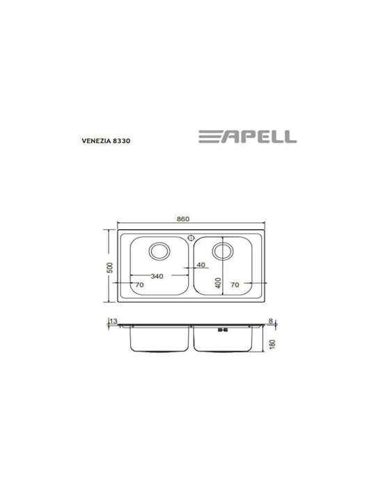 Apell Anniversario 8330 Drop-In Sink Inox Satin W86xD50cm Silver