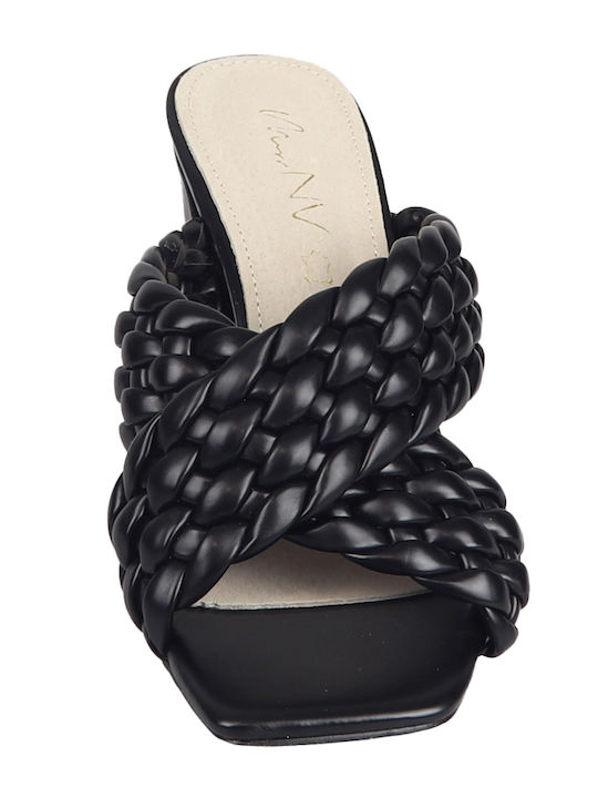 Margaux Leather Mules with Chunky High Heel in Black Color