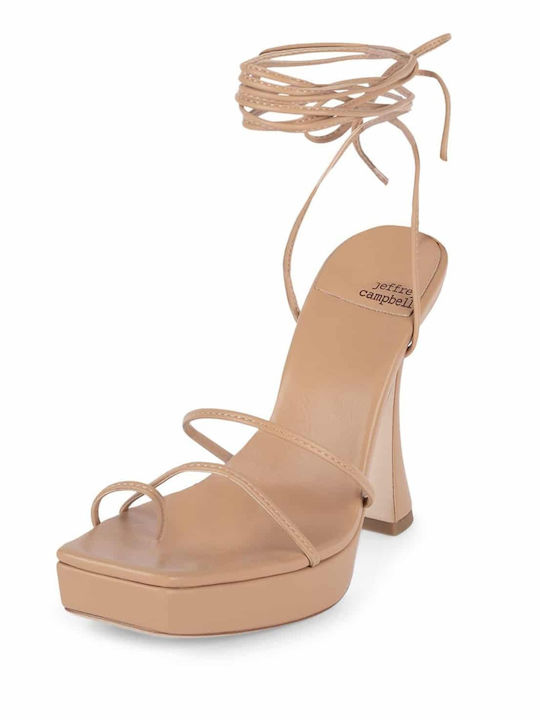 Jeffrey Campbell Leather Women's Sandals Primadonna with Laces Beige with Chunky High Heel 0101003437