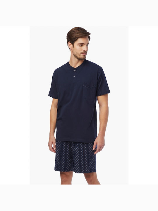 Minerva Men's Summer Cotton Pajamas Set Navy Blue