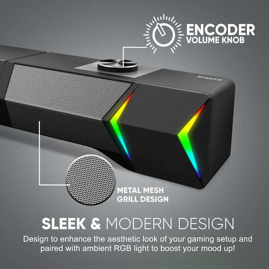 Armaggeddon X-Bar 2 Ασύρματα Ηχεία Υπολογιστή 2.0 με RGB Φωτισμό και Bluetooth Ισχύος 12W σε Μαύρο Χρώμα