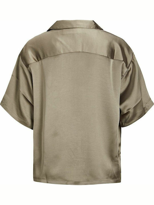 Women's Satin Monochrome Short Sleeve Shirt Beige