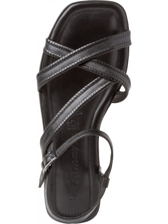 Leather Women's Flat Sandals with Strap in Black Color