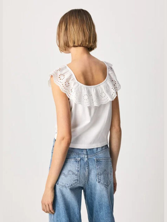 Pepe Jeans Top de Damă de Vară Crop din Bumbac fără Mâneci Alb