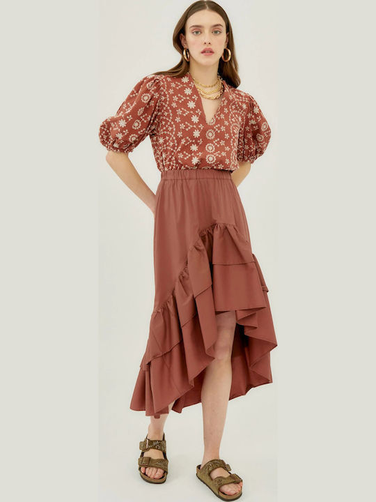 High-waisted Midi Skirt Brown