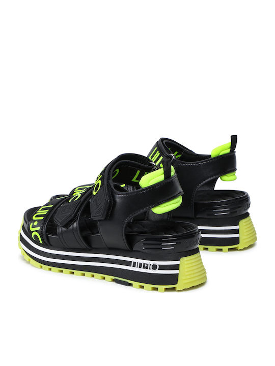Leather Women's Flat Sandals Sporty Black/Yellow