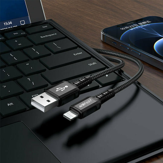 Acefast C1-02 Плетена USB-A към Lightning кабел 30W Черен 1.2м