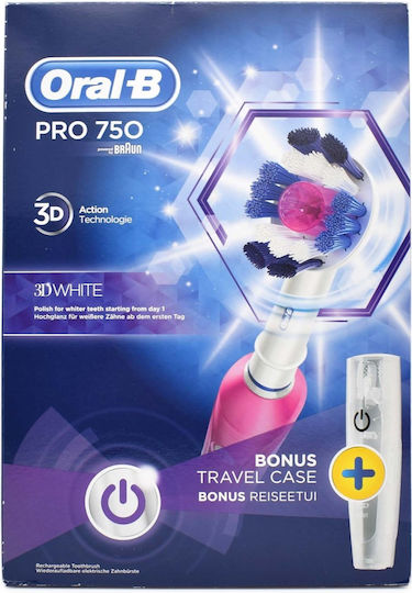 Oral-B Pro 750 3D White Ηλεκτρική Οδοντόβουρτσα με Χρονομετρητή και Θήκη Ταξιδίου Ροζ