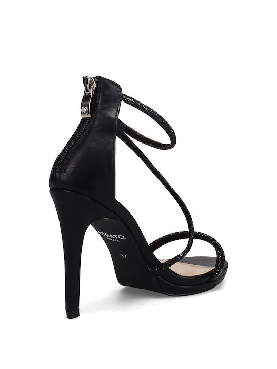 Migato Leather Women's Sandals Black with Thin High Heel