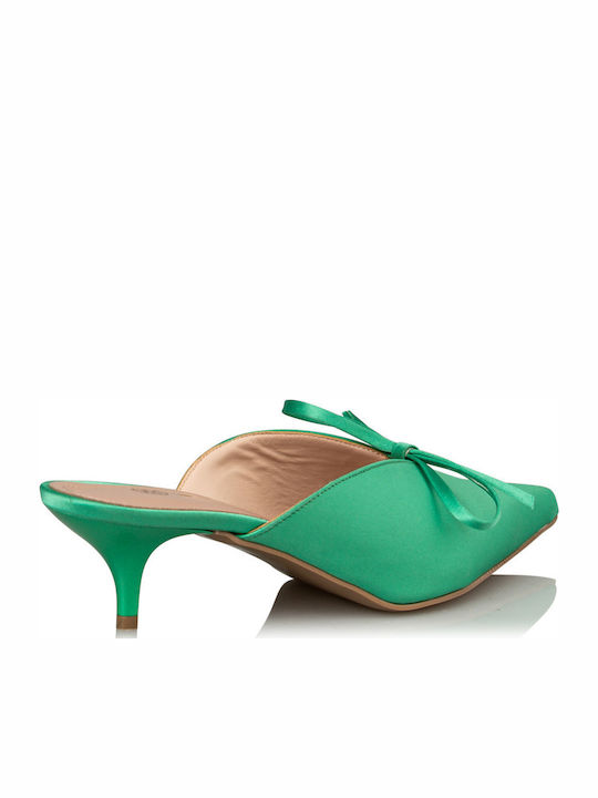 Satin Mules with Thin Low Heel in Green Color