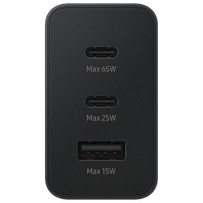 Samsung Φορτιστής Χωρίς Καλώδιο με Θύρα USB-A και 2 Θύρες USB-C 65W Power Delivery Μαύρος (Trio)