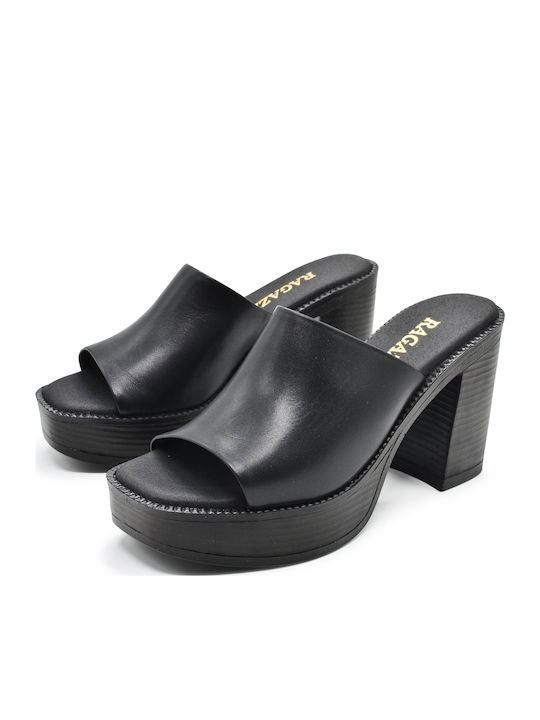 Leather Mules with Chunky High Heel in Black Color