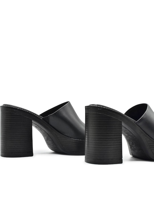 Leather Mules with Chunky High Heel in Black Color