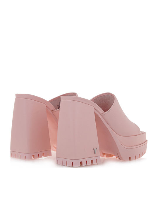 Closure Leder Mules mit Chunky Hoch Absatz in Rosa Farbe