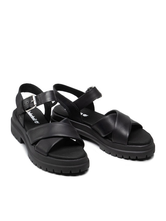 London Vibe Leather Women's Flat Sandals with Strap in Black Color