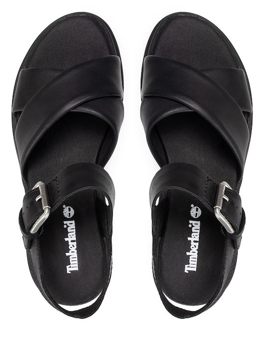London Vibe Leather Women's Flat Sandals with Strap in Black Color