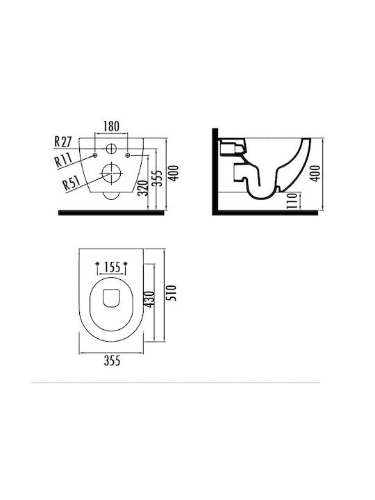 Creavit Free Rimless Wall-Mounted Toilet that Includes Slim Soft Close Cover Duroplast White Matt