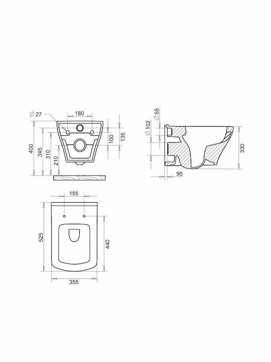 Tema Wandhängende Toilette Randlos mit Schlanke Abdeckung Duroplast Sanftes Schließen Schwarz Matt