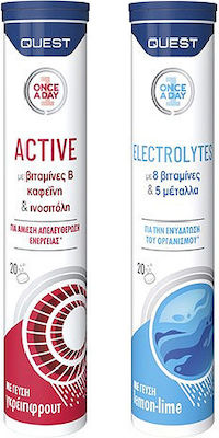 Quest Once A Day Active Vitamin Grapefruit 20 eff. tabs & Once A day Electrolytes Lemon Lime 20 eff. tabs for Energy & Immune System Boost Multiflavoured