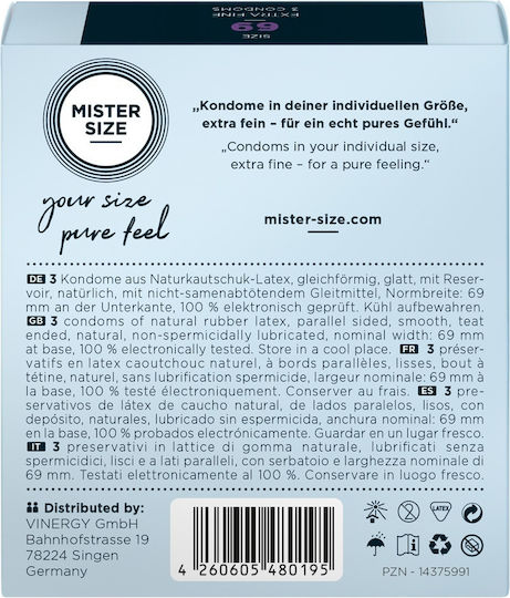 Mister Size Prezervative Extra Fine Size 69mm 3 buc 69mm Subțiri pentru senzație naturală Natural Vegan