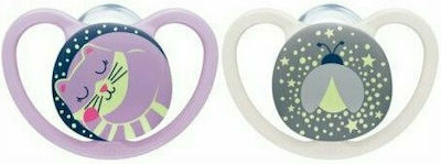 Nuk Orthodontic Pacifiers Silicone Space Cat / Bee Purple / White Night with Case for 18-36 months 2pcs